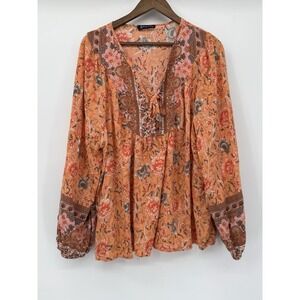 Kaywide Orange Floral Babydoll Peasant Tunic Top Sz XXL Tie Neck Cottagecore